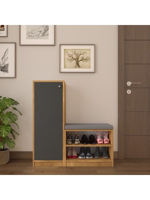 Asra Trend MDF Petra/Antrasit Ayakkabılık - 6 Raflı, Puflu, Tek Kapaklı, Çok Amaçlı Dolap, A-20