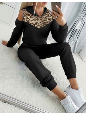 Amara Boutique Kadın Uzun Kollu Omuzlardan Açık Leopar Desenli Kapşonlu Viskon Iki Iplik Bluz ve Pantolon Ikili Takım