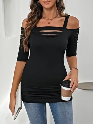 Amara Boutique Kadın Omuzlardan Açık Askılı Lazer Kesim Detaylı Viskon Bluz