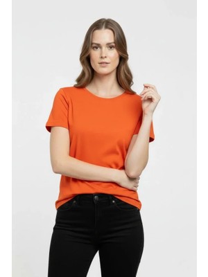 Amara Boutique T-Shirt Bisiklet Yaka Slim Fit Likralı Tişört Günlük Basic Body - Turuncu
