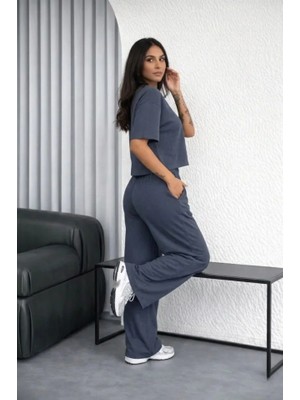 Amara Boutique Osy Modal Yumuşak Dokulu Şalaş Oversize Ikili Takım Bol Paça Pantolonlu Rahat Günlük Takım - Füme