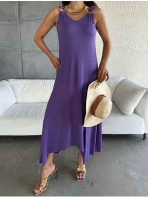 Amara Boutique Kadın Çan Dokuma Kumaş V Yaka Asimetrik Kesim Elbise