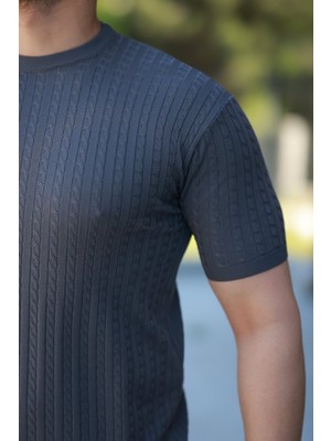 Amara Boutique Erkek Bisiklet Yaka Örgü Desenli Kısa Örme Triko Kısa Kollu T-Shirt