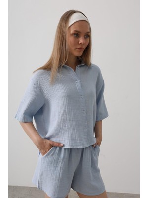 Amara Boutique Yarım Kol Müslin Gömlek - Bebe Mavisi