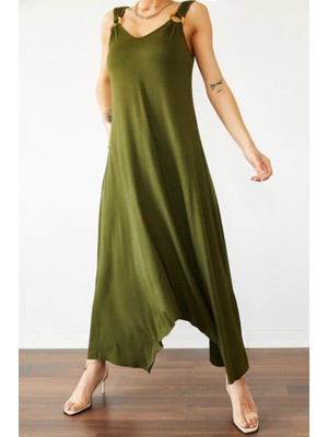 Amara Boutique Kadın Çan Dokuma Kumaş V Yaka Asimetrik Kesim Elbise