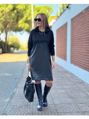 Amara Boutique Kadın Uzun Kollu Kapüşon ve Deri Detay Diz Üstü Elbise