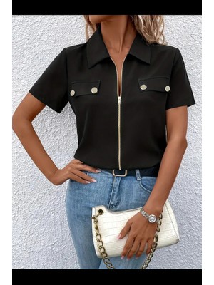 Amara Boutique Kadın Kısa Kollu Ceket Yaka Önü Fermuarlı Cep Detay Kısa Kol Ithal Krep Bluz