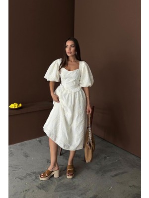 Amara Boutique Ekru Balon Kollu Dantelli Brode Elbise