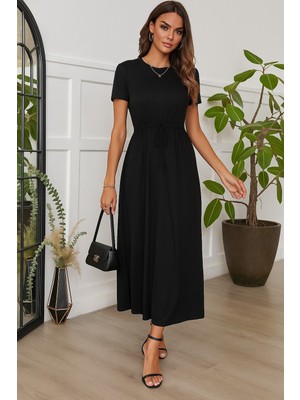 Amara Boutique Kadın Kısa Kollu Bisiklet Yaka Belden Bağlamalı Önü Bağcık Detaylı Maksi Boy Viskon Elbise