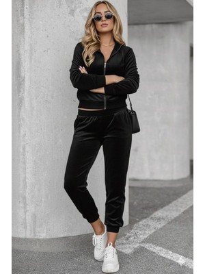 Amara Boutique Kadın Uzun Kollu Önden Fermuarlı Krop Kadife Ceket ve Pantolon Ikili Takım