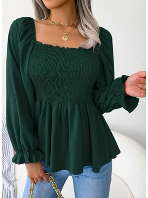 Amara Boutique Kadın Uzun Kollu Geometrik Yakalı Gipe Detaylı Krep Bluz