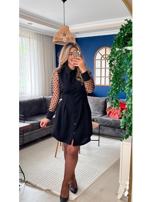 Amara Boutique Kadın Uzun Kollu Yakalı Düğmeli Mini Ithal Krep Elbise