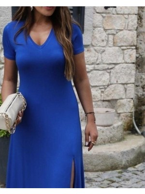 Amara Boutique Kadın Kısa Kollu V Yakalı Maksi Boy Viskon Elbise