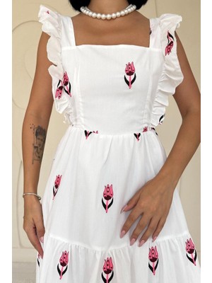 Amara Boutique Fuşya Sıfır Kol Fırfırlı Elbise