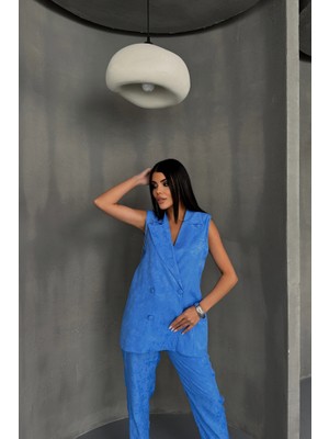 Amara Boutique Jakar Kumaş Yelek - Pantolon Takım - Mavi
