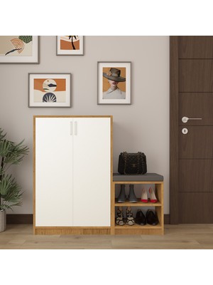 Asra Trend MDF Petra/Beyaz Ayakkabılık - 6 Raflı, Puflu, 2 Kapaklı, Geniş, Çok Amaçlı Dolap, A-29