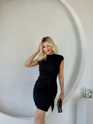 Amara Boutique Kadın Kısa Kap Kollu Bisiklet Yaka Belden Bağlamalı Modal Mini Elbise