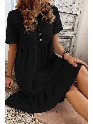 Amara Boutique Kadın Kısa Kollu Yakası Bağcıklı Önden Düğmeli Fırfır Desenli Süprem Elbise