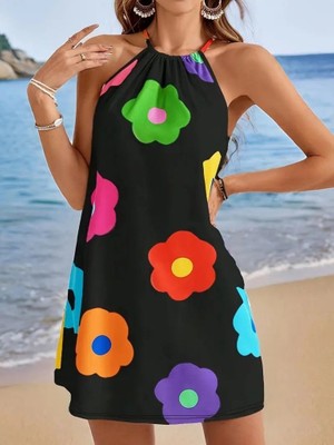 Amara Boutique Kadın Boyundan Askılı Kolsuz Çiçek Desenli Süprem Elbise