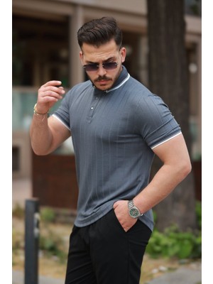 Amara Boutique Erkek Düğme Yakalı Jakar Kumaş Kısa Kollu Tişört