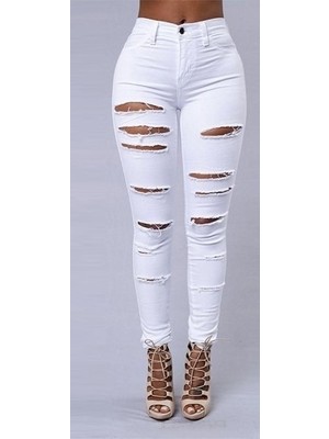 Amara Boutique Kadın Yüksek Bel Lazer Yırtık Desenli Kot Pantolon