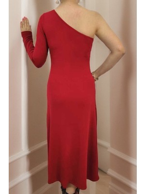 Amara Boutique Kadın Uzun Kollu Tek Omuz Detay Krep Elbise