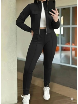 Amara Boutique Kadın Uzun Kollu Önden Fermuarlı Kısa Modal Ceket ve Pantolon Ikili Takım