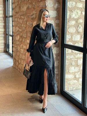 Amara Boutique Kadın Uzun Kollu Eteği Fırfırlı Beli Kuşaklı Trikoton Tam Boy Gömlek Elbise