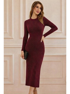 Amara Boutique Kadın Uzun Kollu Bisiklet Yaka Taşlı Midi Kadife Elbise