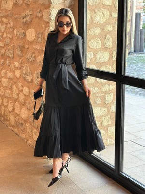 Amara Boutique Kadın Uzun Kollu Eteği Fırfırlı Beli Kuşaklı Trikoton Tam Boy Gömlek Elbise