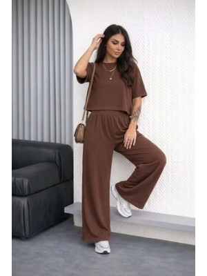 Amara Boutique Osy Modal Yumuşak Dokulu Şalaş Oversize Ikili Takım Bol Paça Pantolonlu Rahat Günlük Takım - Kahverengi