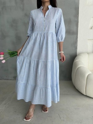 Amara Boutique Çizgili Keten Hakim Yaka Düğmeli Salaş Elbise - Mavi