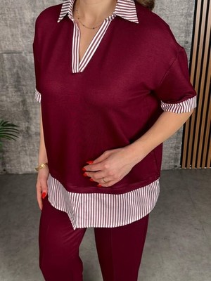 Amara Boutique Kadın Modal Kumaş Çizgili Gömlek Yaka Ikili Takım