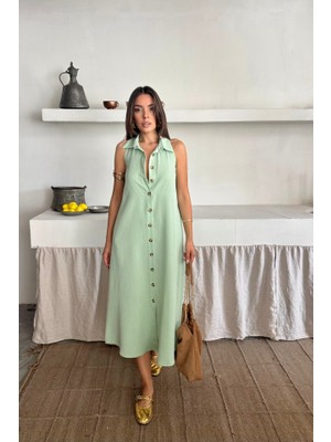 Amara Boutique Keten Önden Düğmeli Kolsuz Gömlek Yaka Elbise - Mint