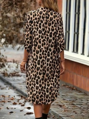 Amara Boutique Kadın Uzun Kollu Yakalı Önden Düğmeli Leopar Desenli Modal Midi Elbise