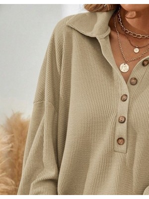 Amara Boutique Kadın Uzun Kollu Yakalı Düğmeli Salaş Waffle Bluz