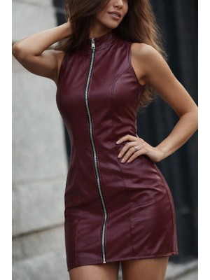 Amara Boutique Kadın Kolsuz Balıkçı Yaka Önden Fermuarlı Kısa Deri Elbise