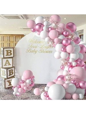 Parti Show Pembe - Beyaz Doğum Günü Balon Dekorasyon Seti