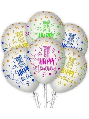 Parti Show Happy Birthday Floresan Baskılı Balon Beyaz (10 Adet)