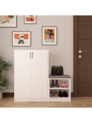Asra Trend MDF Beyaz Ayakkabılık - 6 Raflı, Puflu, 2 Kapaklı, Geniş, Çok Amaçlı Dolap, A-21