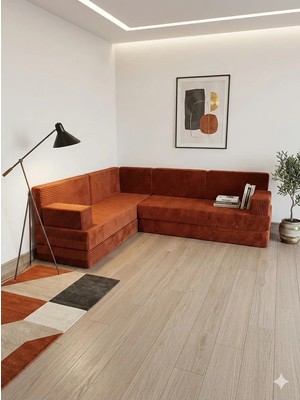Bakırözü Home Premium Kadife Kumaş, Konforlu Yer Kanepesi ,modüler Şark Köşesi Takımı - Kiremit - 40 Cm- L Set