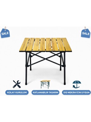 Vi Caro Katlanır Kamp Masası Ahşap Görünümlü Portatif Piknik Masa Balkon Bahçe Plaj Kamp Masası