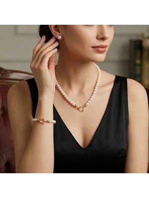 Pigado 925 Ayar Gümüş Kapamalı Kolye Bileklik Küpe Gerçek İnci Seti