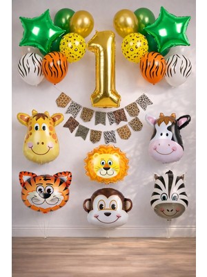 Patladı Gitti Safari Konsepti 1 Yaş Doğum Günü Parti Kutlama Seti; Rakam ve Yıldız Folyo, Banner ve Balon Zinciri
