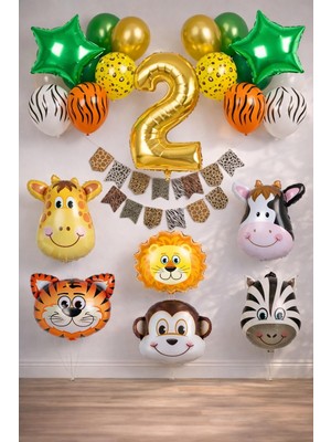 Patladı Gitti Safari Konsepti 2 Yaş Doğum Günü Parti Kutlama Seti; Rakam ve Yıldız Folyo, Banner ve Balon Zinciri