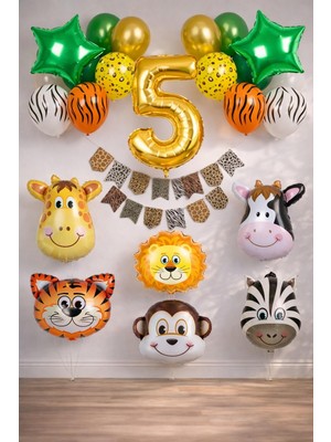 Patladı Gitti Safari Konsepti 5 Yaş Doğum Günü Parti Kutlama Seti; Rakam ve Yıldız Folyo, Banner ve Balon Zinciri