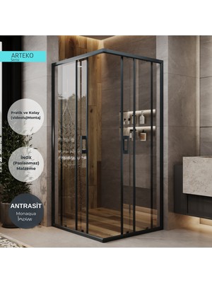 Monaqua Arteko Duşakabin Kare - Antrasit Profil - Şeffaf 5mm Temperli Cam