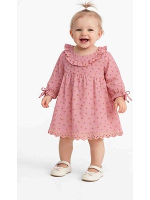 Tuffy Kız Bebek Çiçek Desenli Fırfır Yakalı Pamuklu Elbise – Dantel Detaylı  Bebek Elbisesi