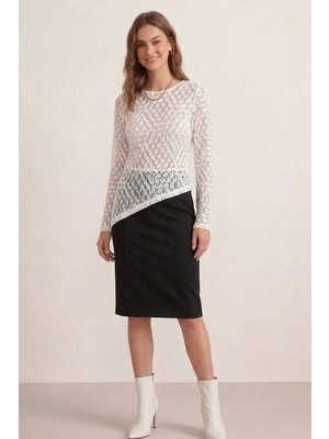 AKD Atelier Kadın Dantel Bluz Transparan Uzun Kollu Asimetrik Kesim Bisiklet Yaka Slim Fit Şık Bluz