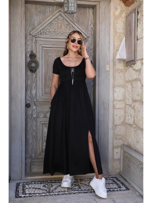 Arben Boutique Kadın Kısa Kollu Yuvarlak Yaka Önden Yırtmaçlı Cepli Viskon Uzun Elbise